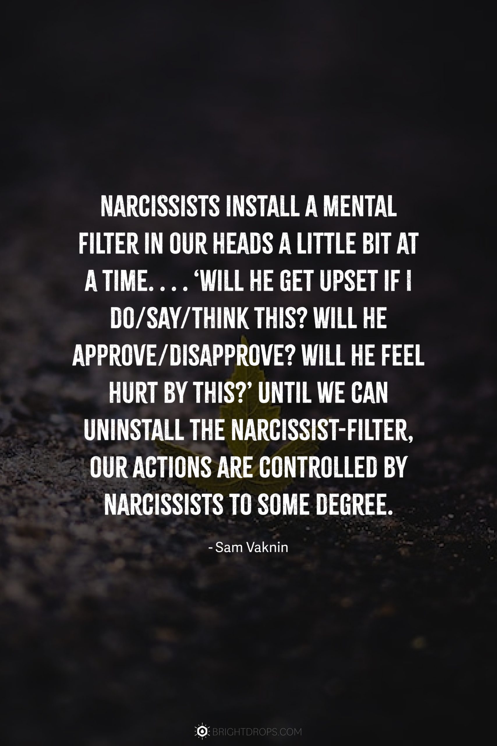 Narcissists install a mental filter in our heads a little bit at a time. . . . ‘Will he get upset if I do/say/think this? Will he approve/disapprove? Will he feel hurt by this?’ Until we can uninstall the narcissist-filter, our actions are controlled by narcissists to some degree.