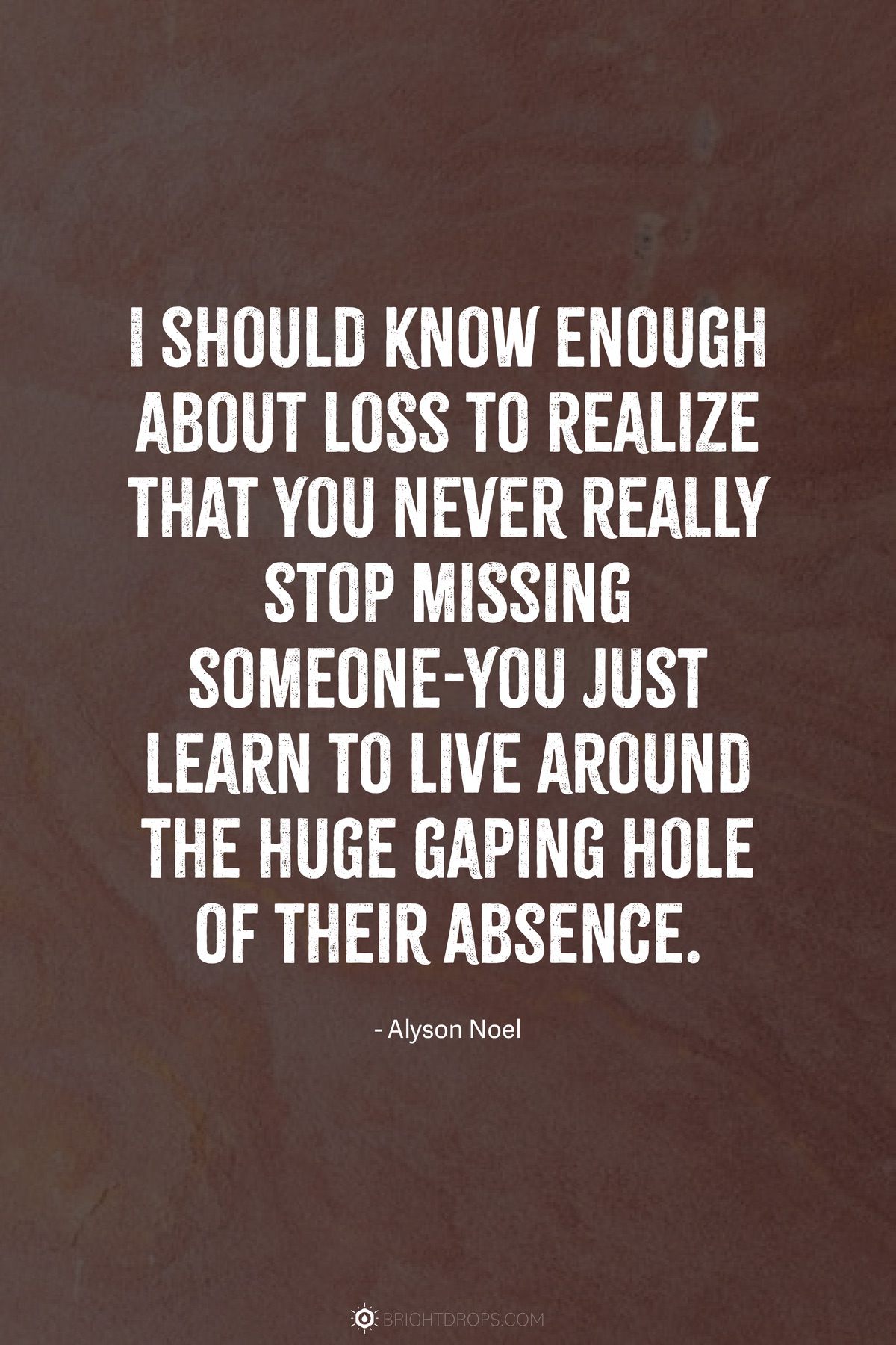 I should know enough about loss to realize that you never really stop missing someone-you just learn to live around the huge gaping hole of their absence.